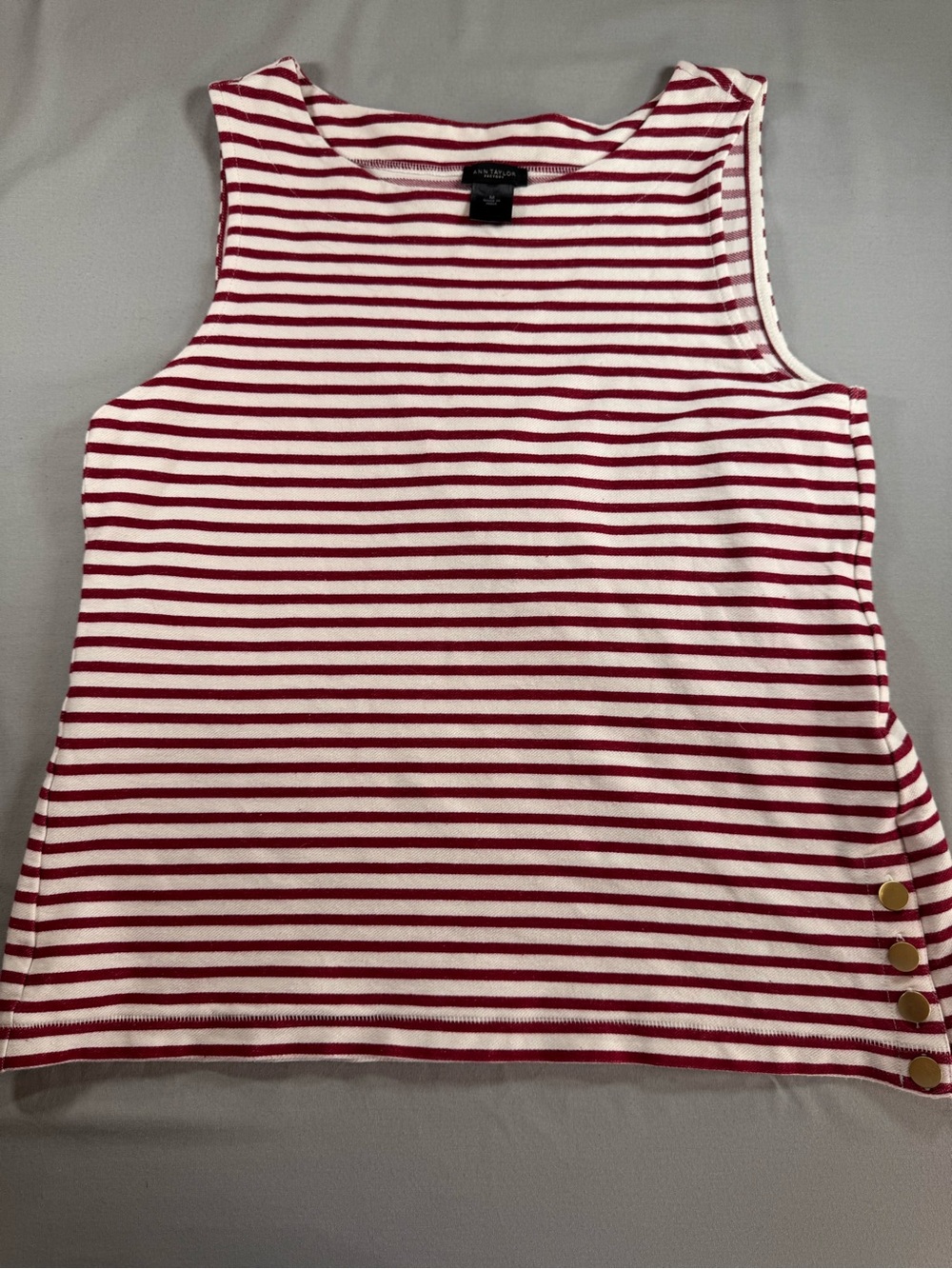 Ann Taylor Red & White Striped Nautical Medium Sleeveless Tank Gold Buttons
